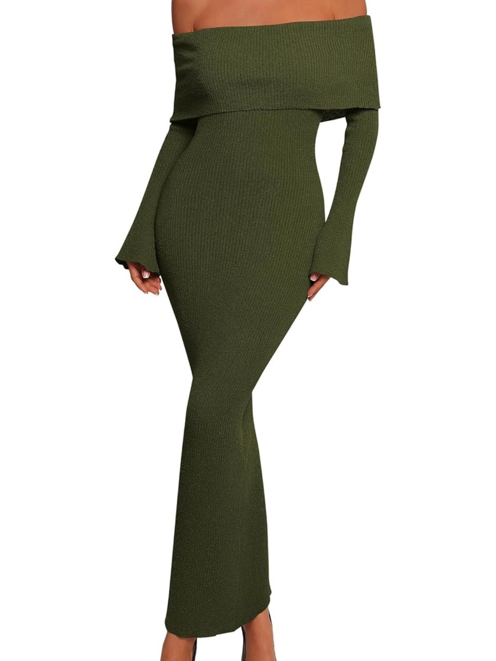 Amazon | Off-Shoulder Long Sleeve Knit Maxi Dress in Deep Olive Green | Size XS